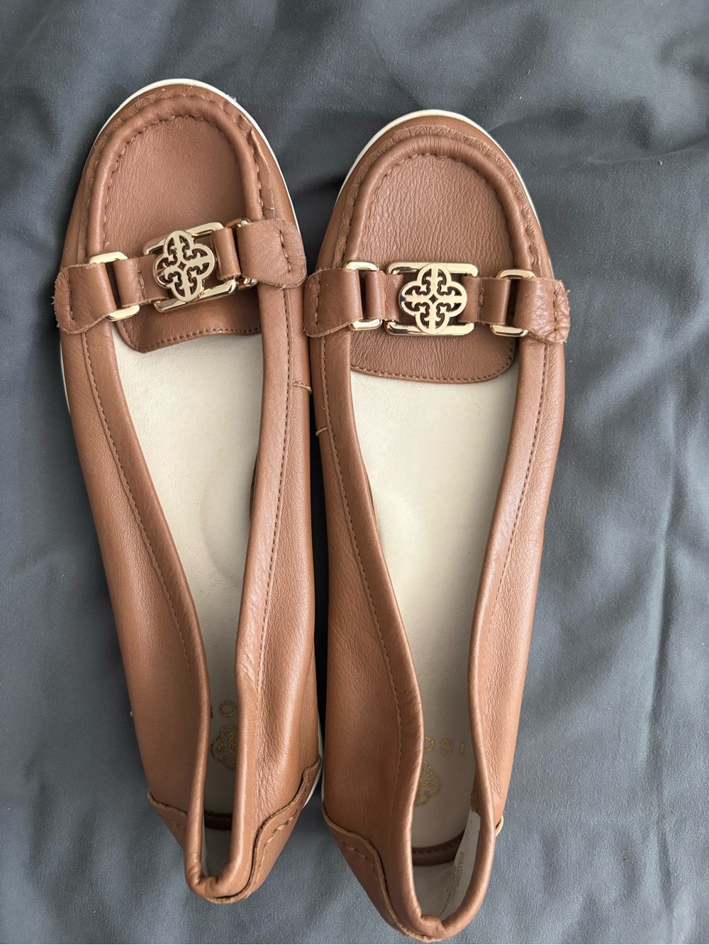 Isola Women's Tan Leather Loafer Flats with Gold Accent size 8.5